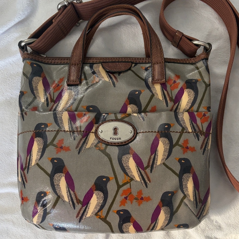 Fossil Crossbody Bag with Bird Design - Brown and Gray and Purple - Picture 2 of 15